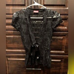 Shasa Black Lace Blouse with Satin Bow SMALL pit to pit 14in length 21in